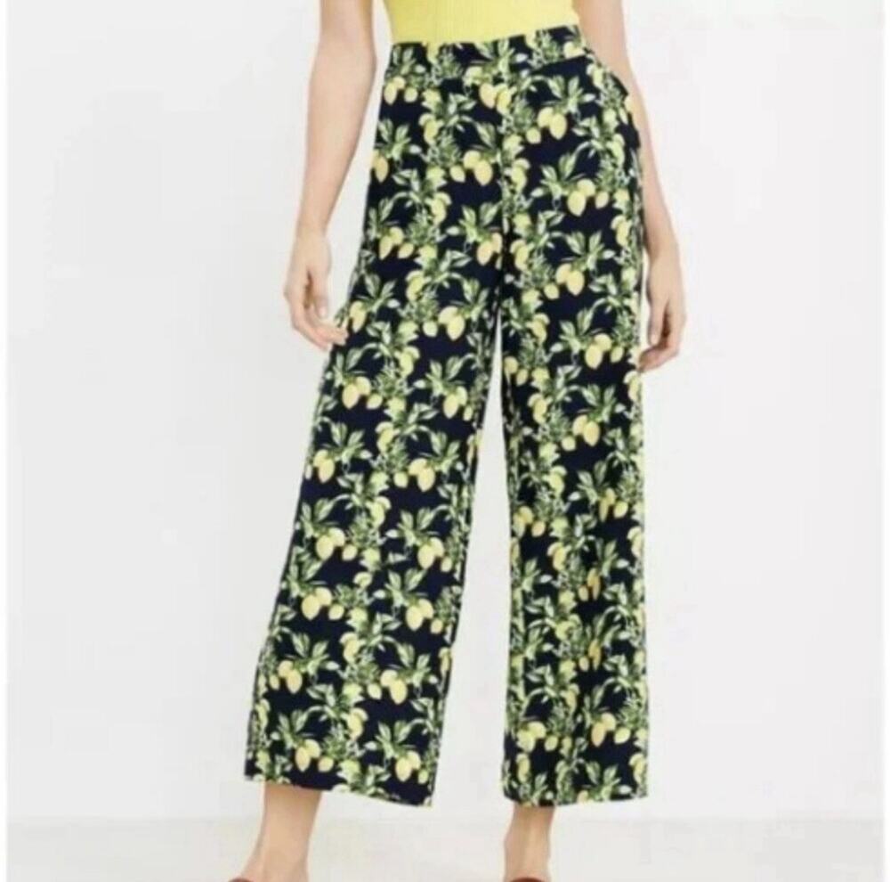 LOFT Linen Blend Navy Lemon Print Cropped Wide Leg Pull On Pants Large Petite